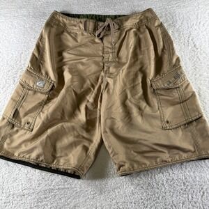 Y2K Quiksilver Board Shorts Swimming Trunks Baggy Tan Cargo Pockets 32 Mens 10"
